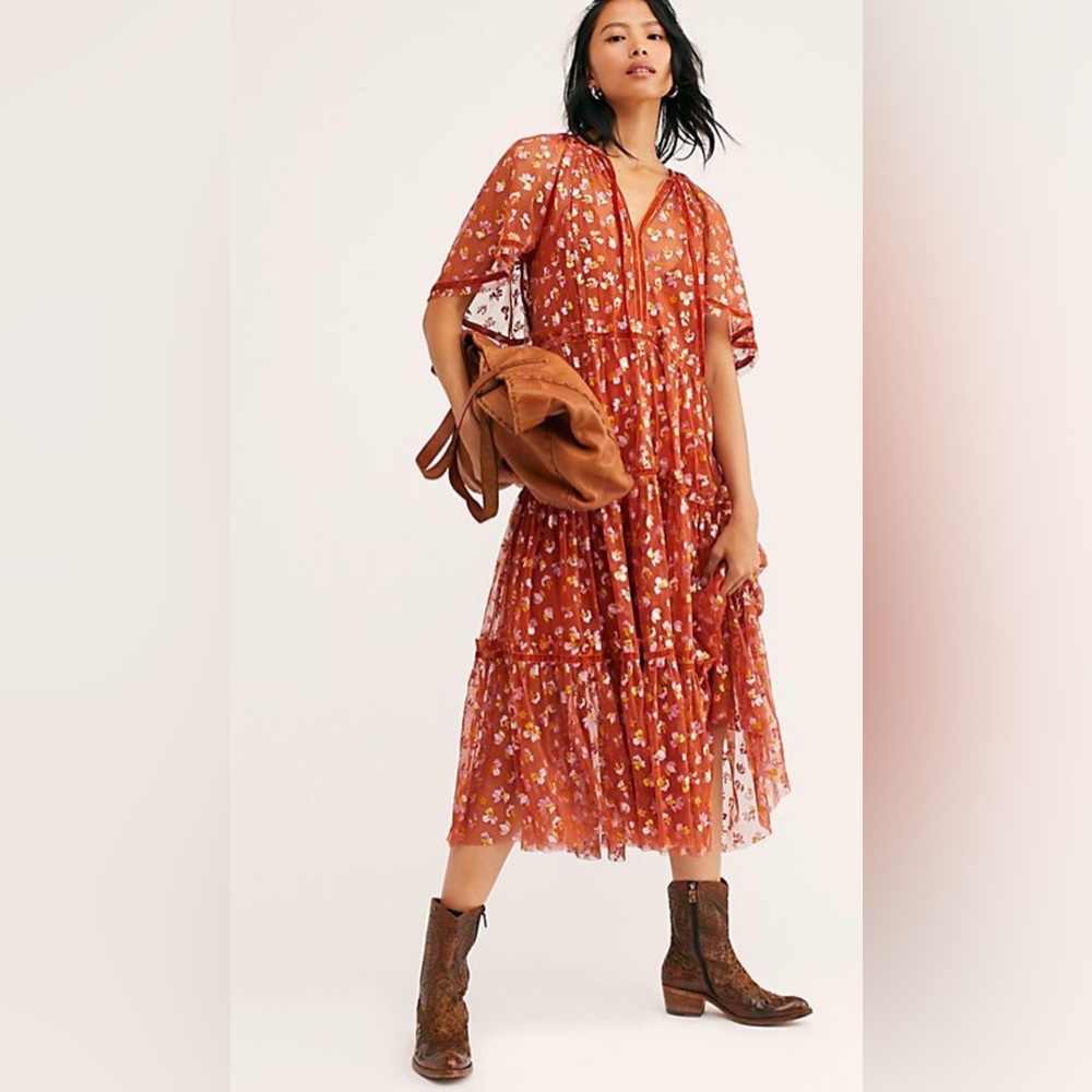 Free People Burnt Orange Floral Tiered Midi Dress